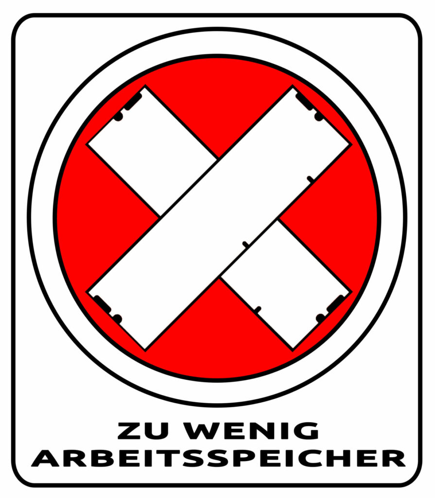 Etiquette d'avertissement avec un cercle rouge, un X blanc de barres de mémoire et le texte : MÉMOIRE DE TRAVAIL INSUFFISANTE
