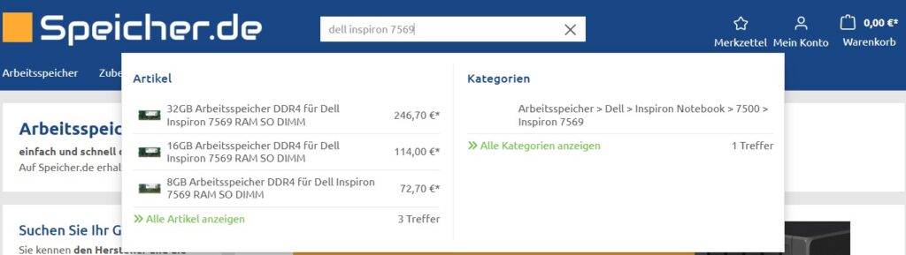 Suche auf speicher.de und Ansicht der Artikelauswahl